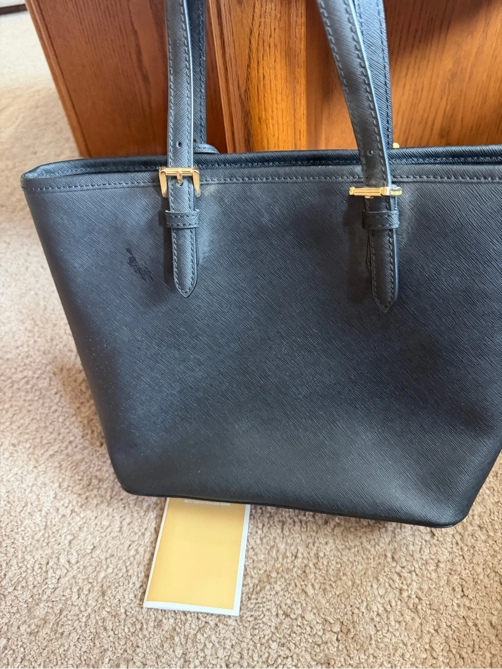 Michael Kors Black Saffiano Leather Tote with Gold MK Charm
